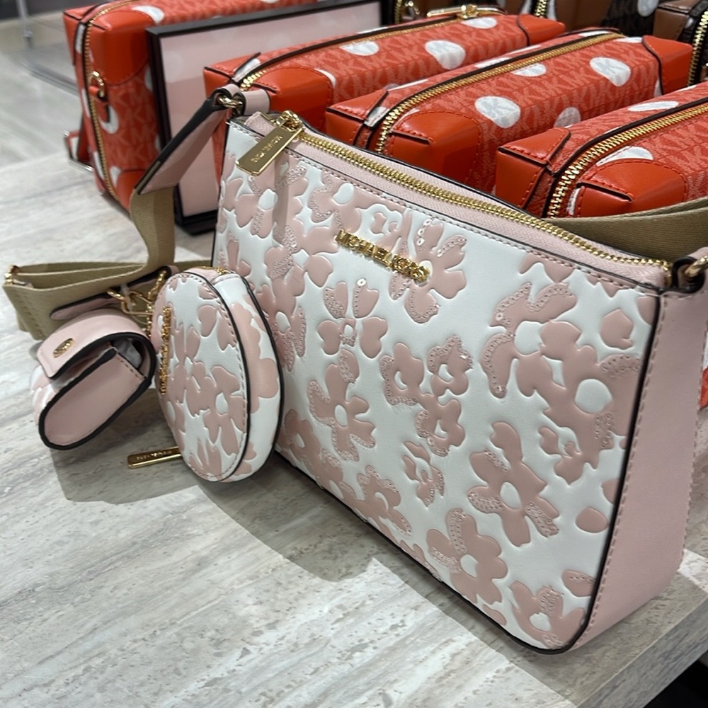 Michael Kors Jet Set Sm Sequined Floral Print Crossbody w Case for Apple AirPod - Picture 7 of 16